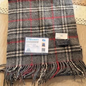 Authentic Burberry Grey Plaid Wool Scarf with Red and Cream Stripes - With COA